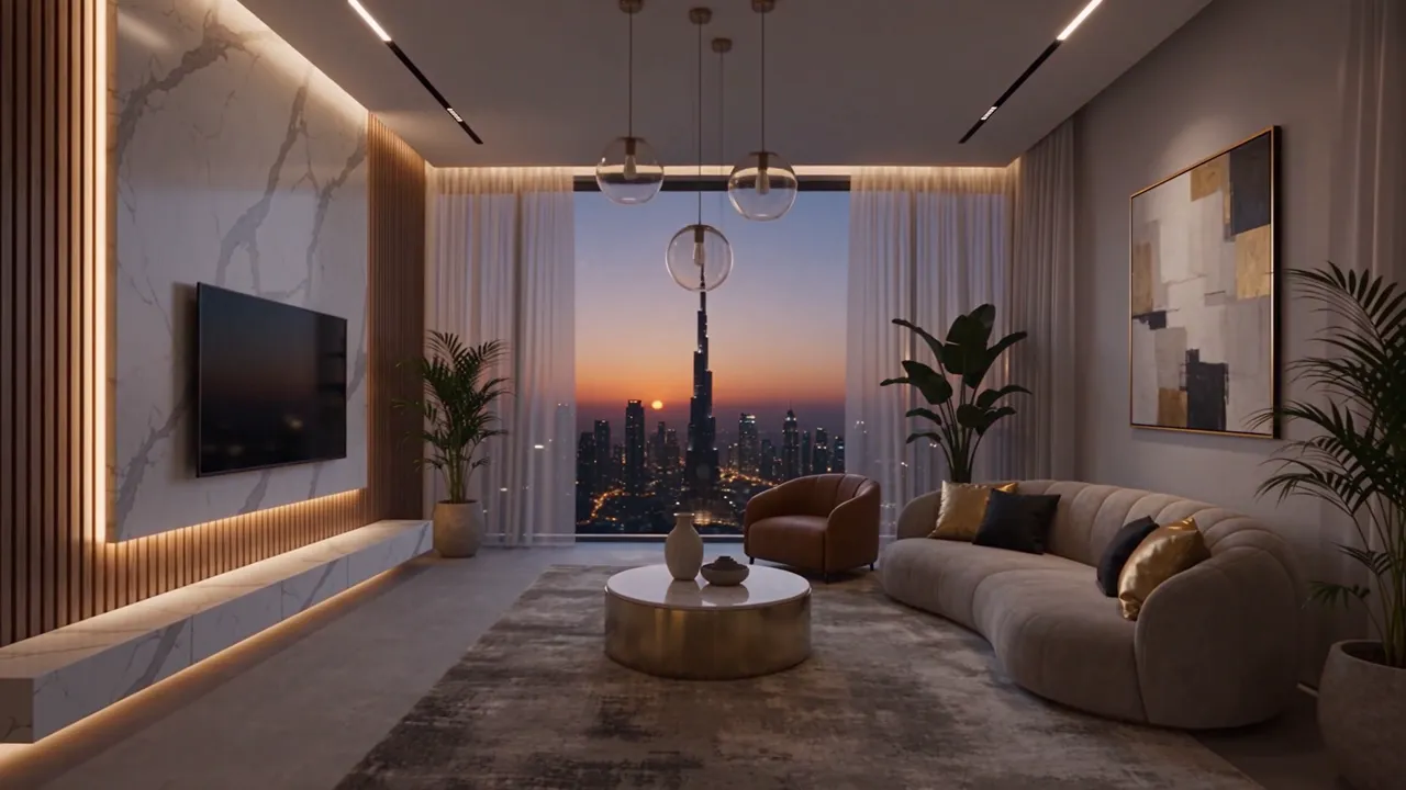 Illustration générée par IA : salon vide avec vue sur le Burj Khalifa qui se meuble étape par étape