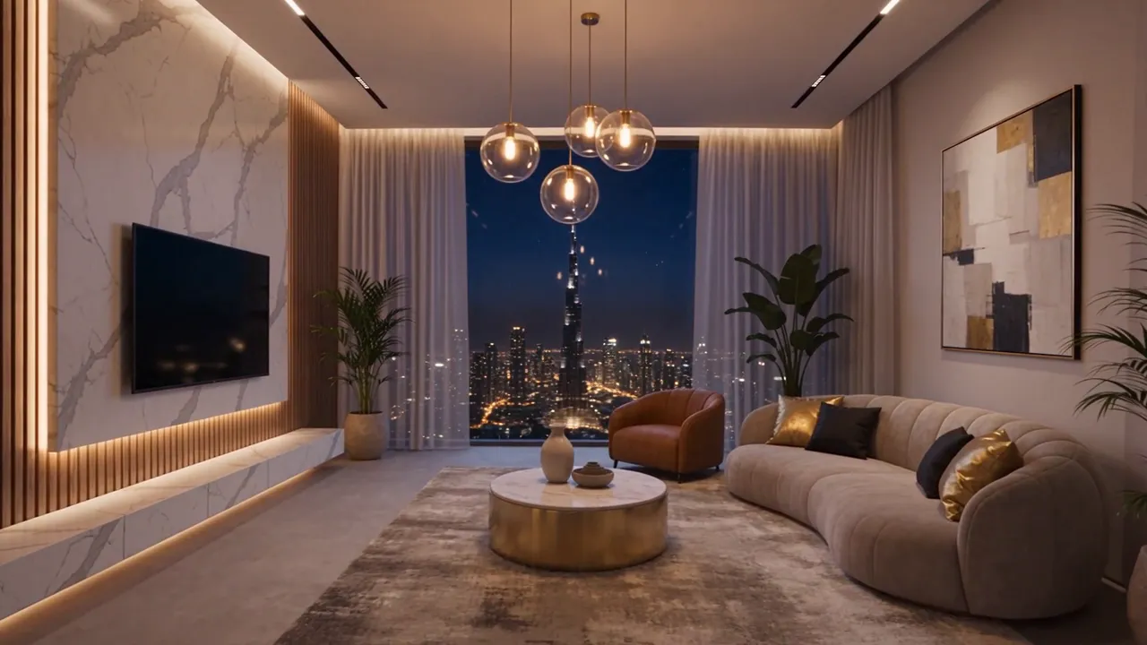 Illustration générée par IA : salon vide avec vue sur le Burj Khalifa qui se meuble étape par étape